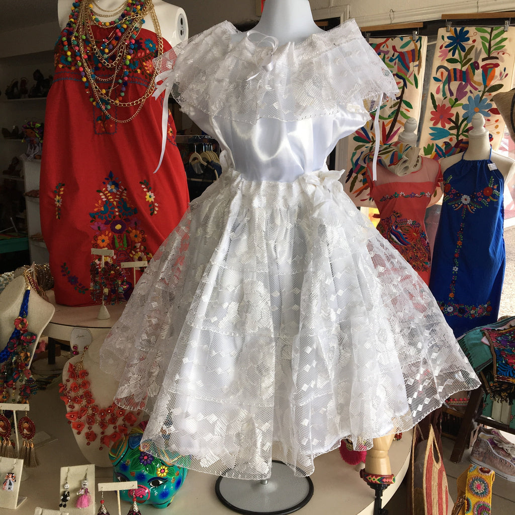Mexican Chiapaneca Dress for Girls White/White