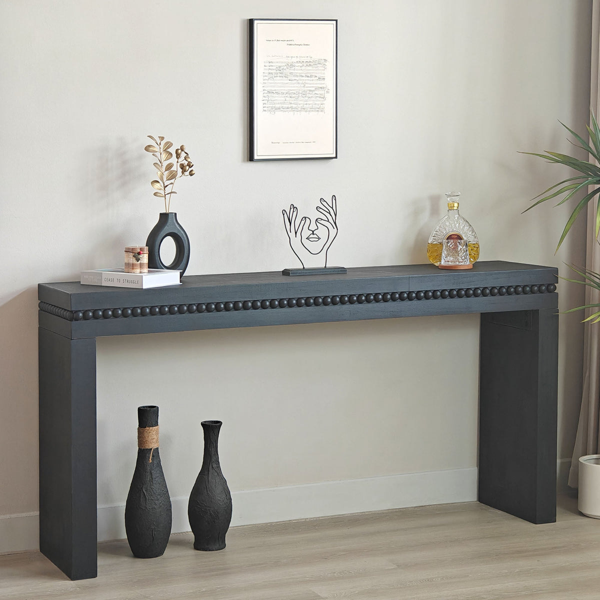 Modern Black Wood Console Table with Beaded Trim - 64in