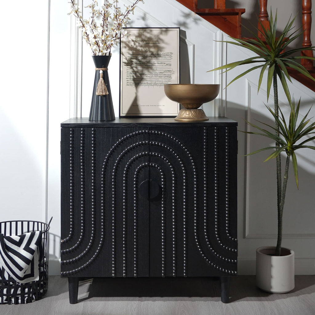 Modern Black Wood Storage Cabinet with Decorative Door - Black