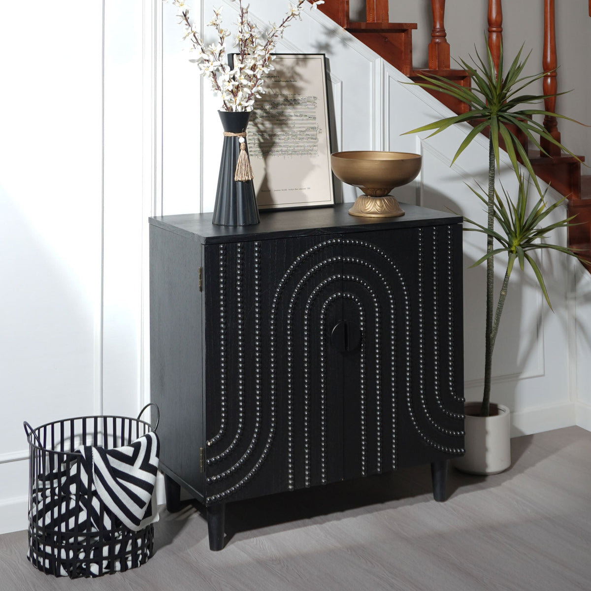 Modern Black Wood Storage Cabinet with Decorative Door - Black