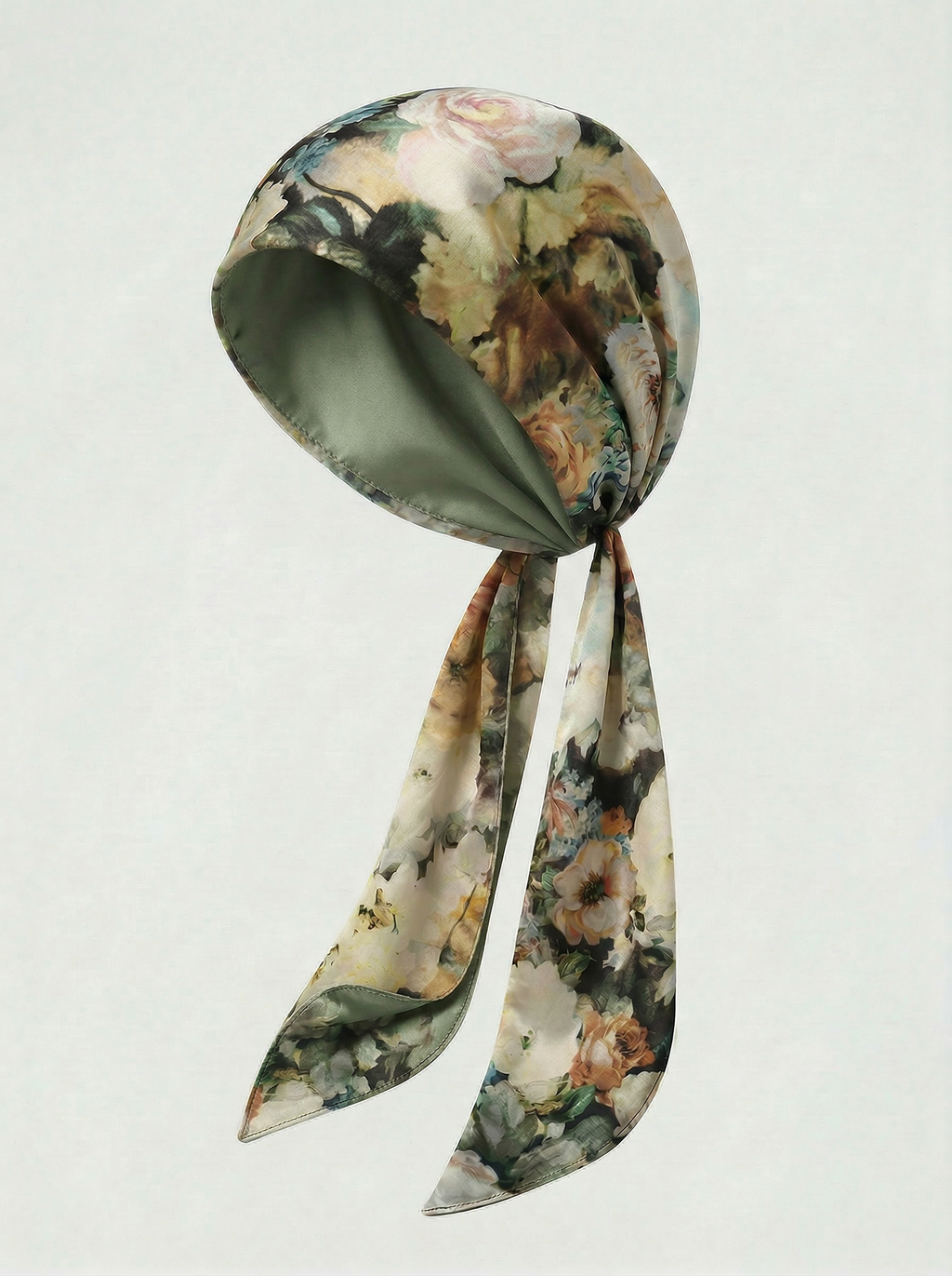 Silk headscarf with ties - Sage Floral