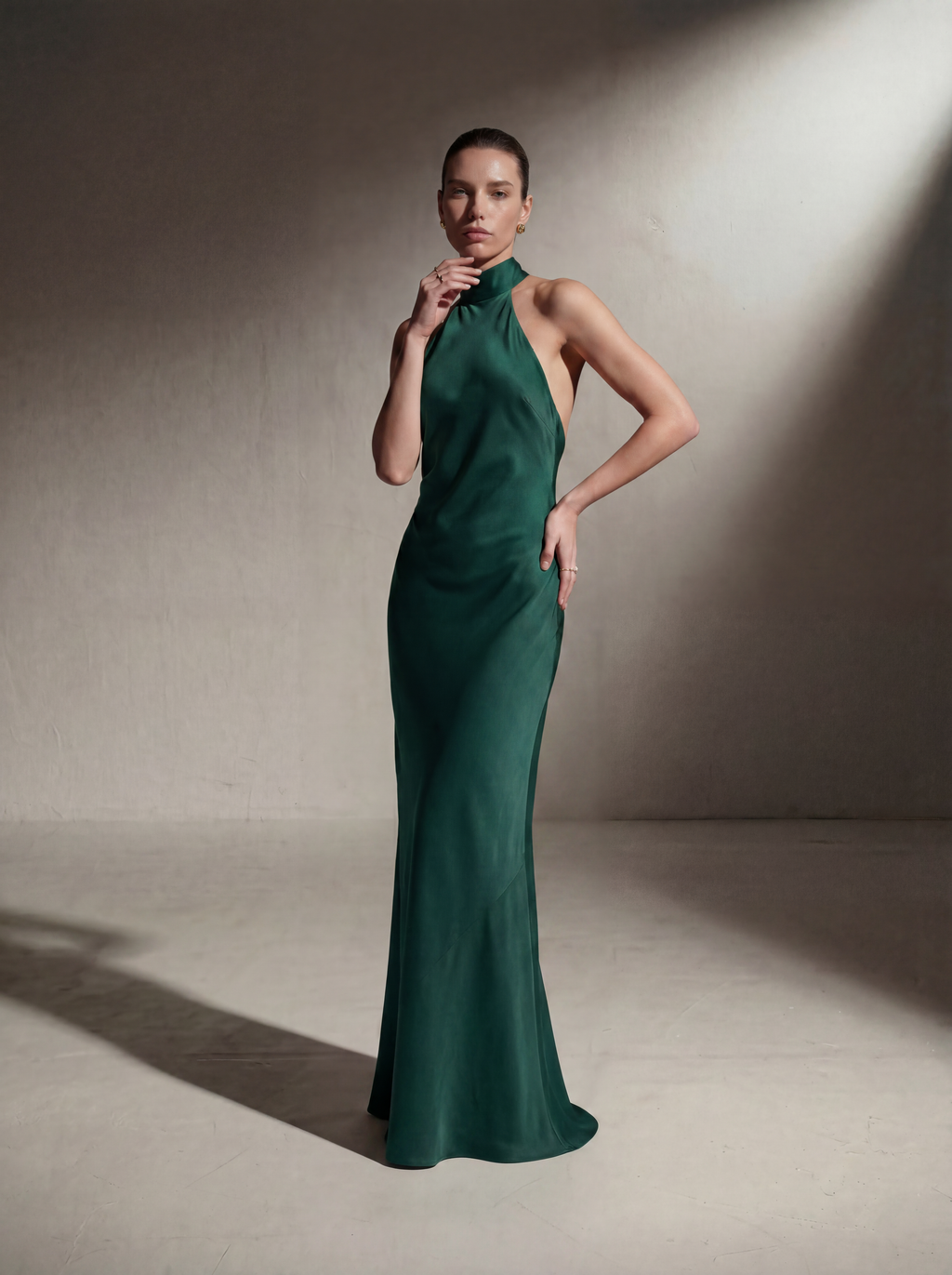 Silk Halter Neck Gown - Pine