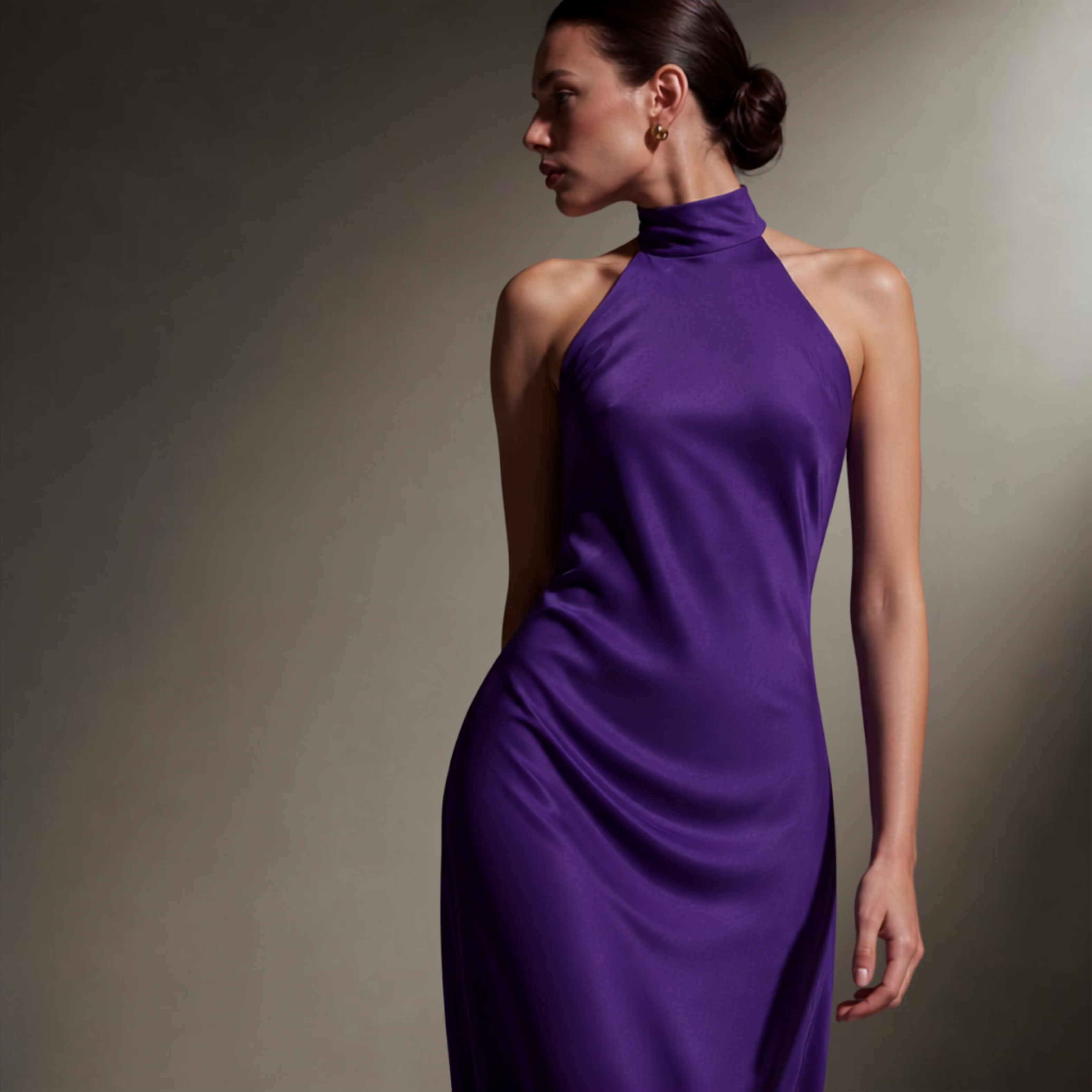 Silk Halter Neck Gown - Plum