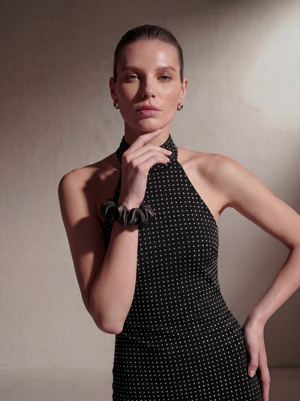 Silk Halter Neck Gown - Black Polka Dot
