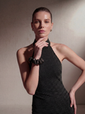 Silk Halter Neck Gown - Black Polka Dot