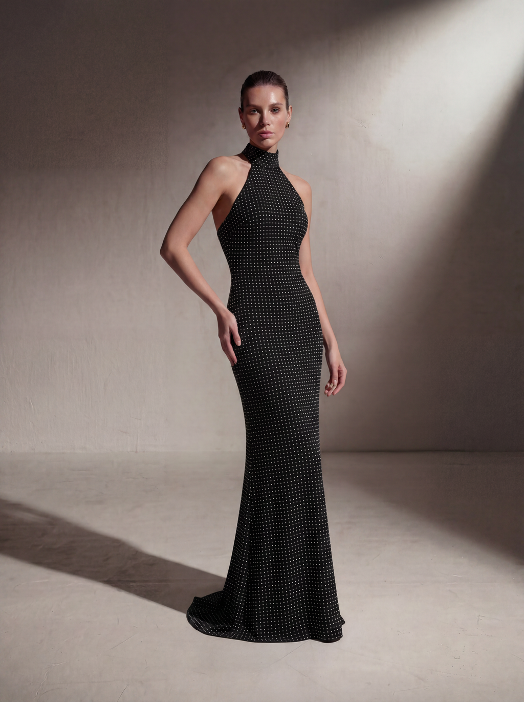 Silk Halter Neck Gown - Black Polka Dot