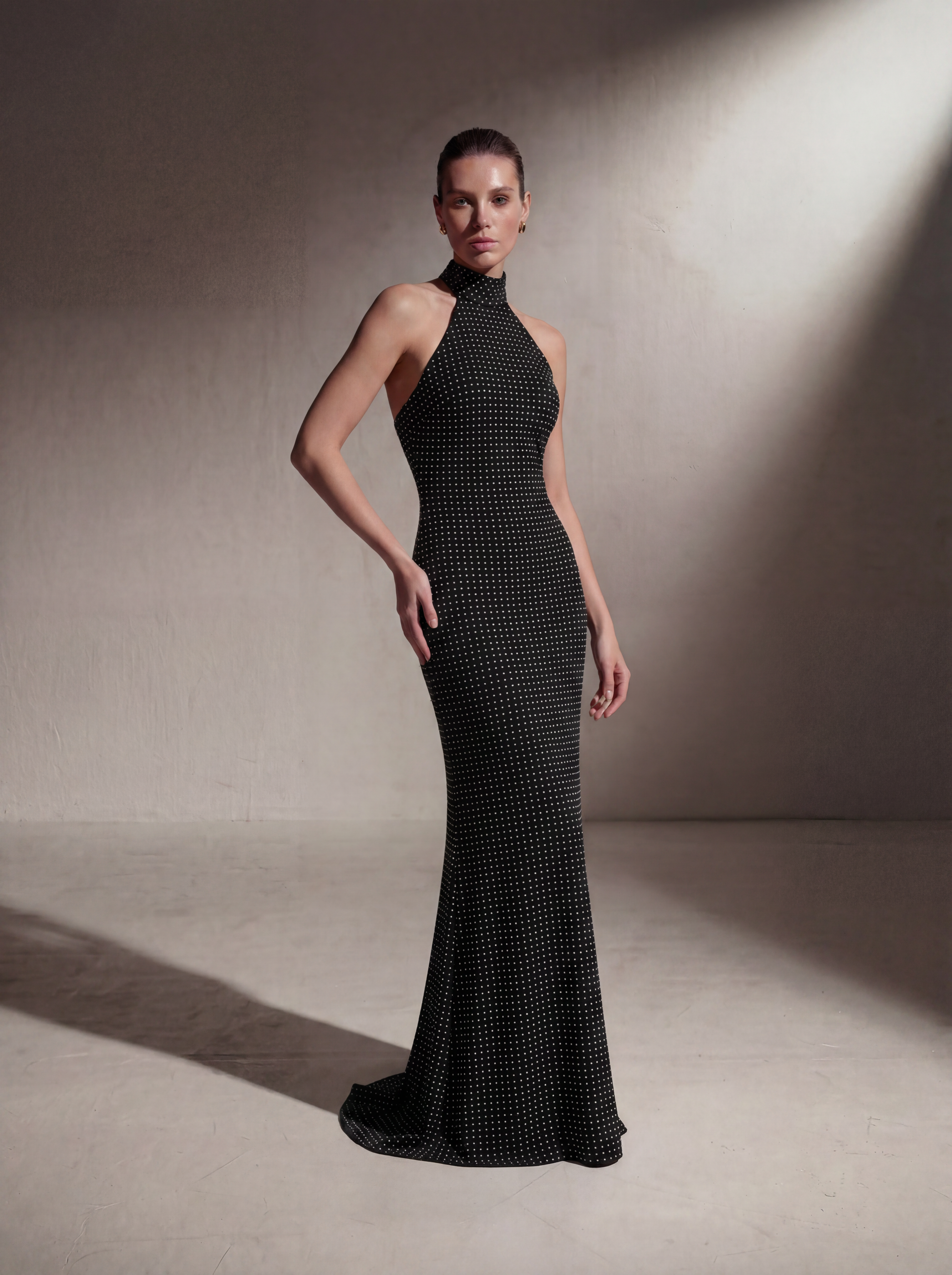 Silk Halter Neck Gown - Black Polka Dot