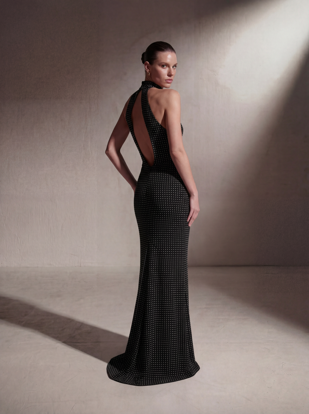Silk Halter Neck Gown - Black Polka Dot