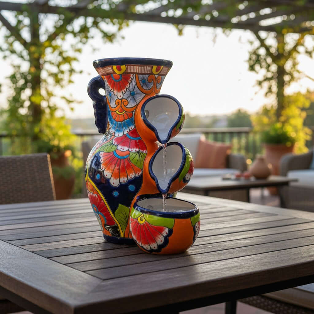 Handmade Blue Rim Talavera Fountain | Mexican Ceramic Art