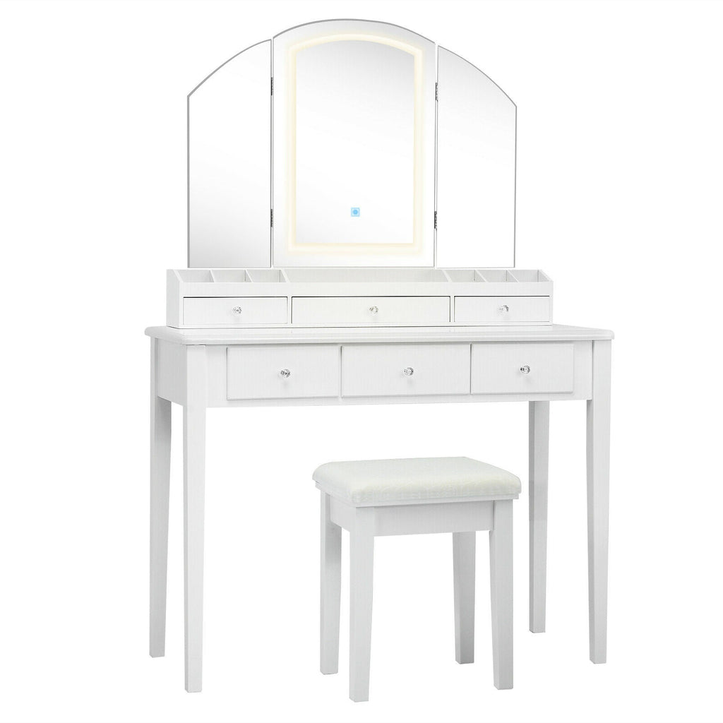 Vanity Table Stool Set with Large Tri-folding Lighted Mirror