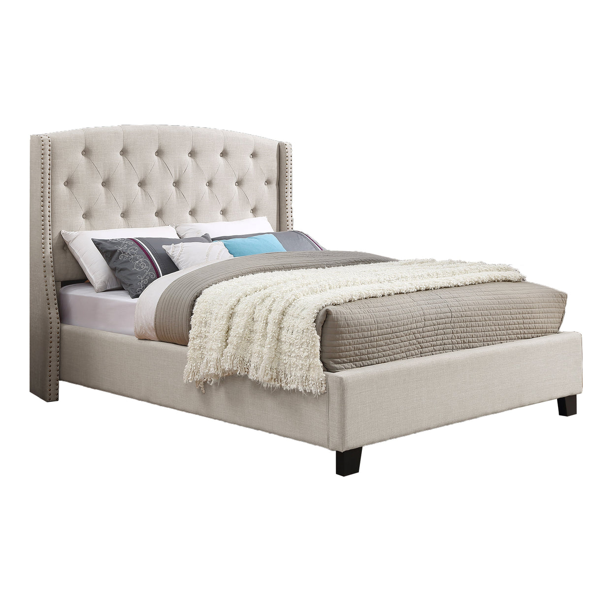 Upholstered Bedroom Set with Tufted Wingback Bed - Beige