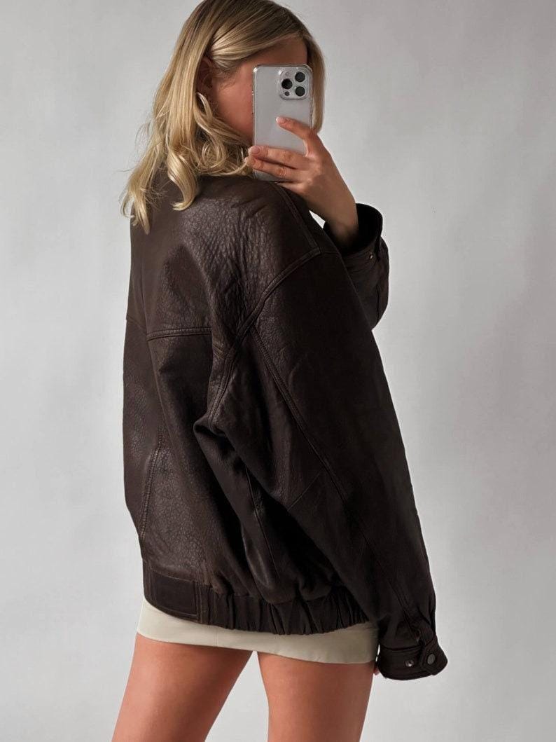 Women Handmade Brown Oversize Bomber Lambskin Soft Real Leather Jacket | Women Casual Wear Genuine Leather Jacket, Gift for women