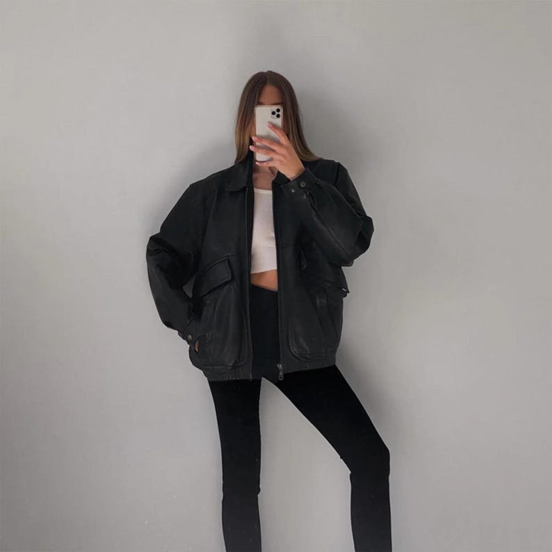 Women Handmade Oversize Bomber Leather Jacket, Women's Black Oversize Jacket, Ladies Christmas Gift, Gift for Her, 90's Style & Fashion