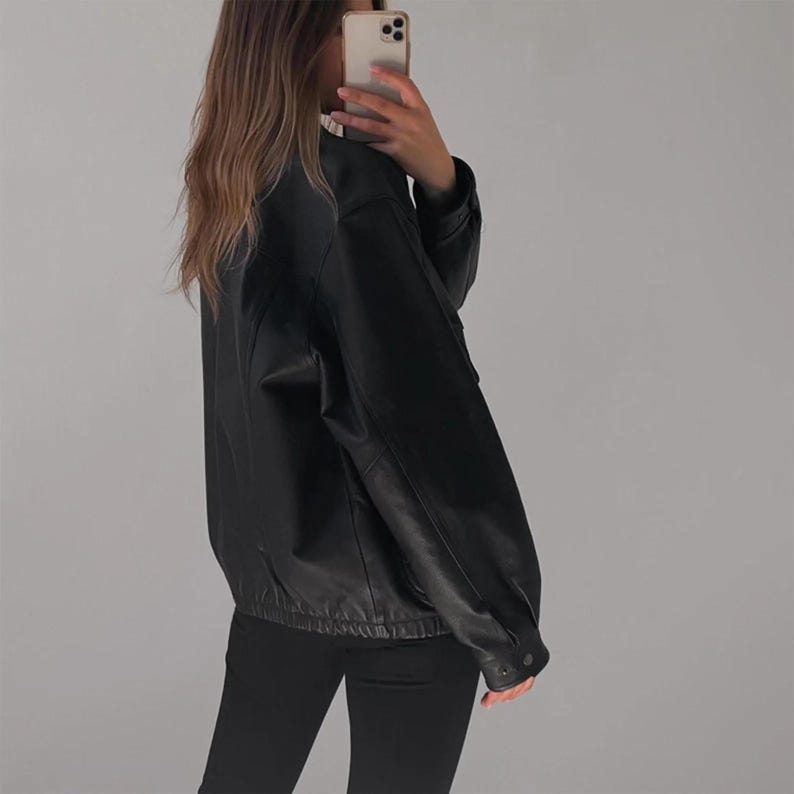 Women Handmade Oversize Bomber Leather Jacket, Women's Black Oversize Jacket, Ladies Christmas Gift, Gift for Her, 90's Style & Fashion