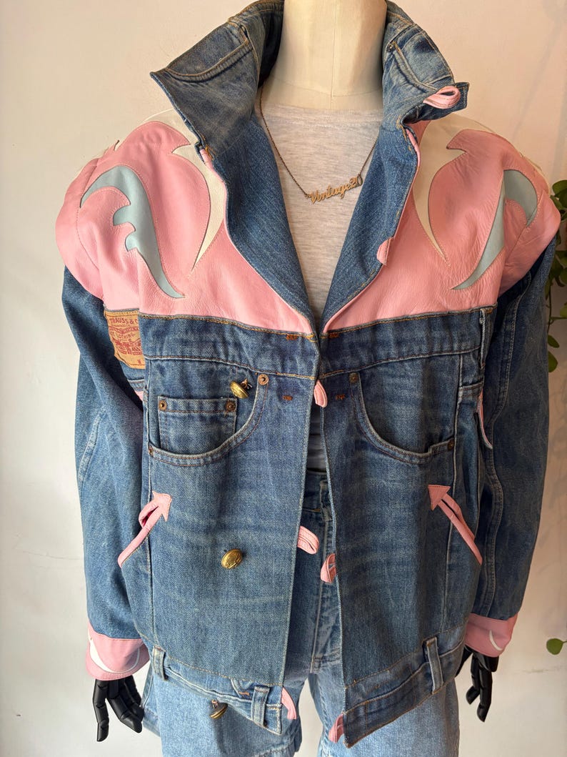 Vintage 80s Denim pink leather statement Jacket