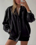 90's Women Handmade Black Oversize Leather Jacket, Women Casual Wear Genuine Leather Jacket, Outerwear Gift For Ladies Soft Leather Jacket.