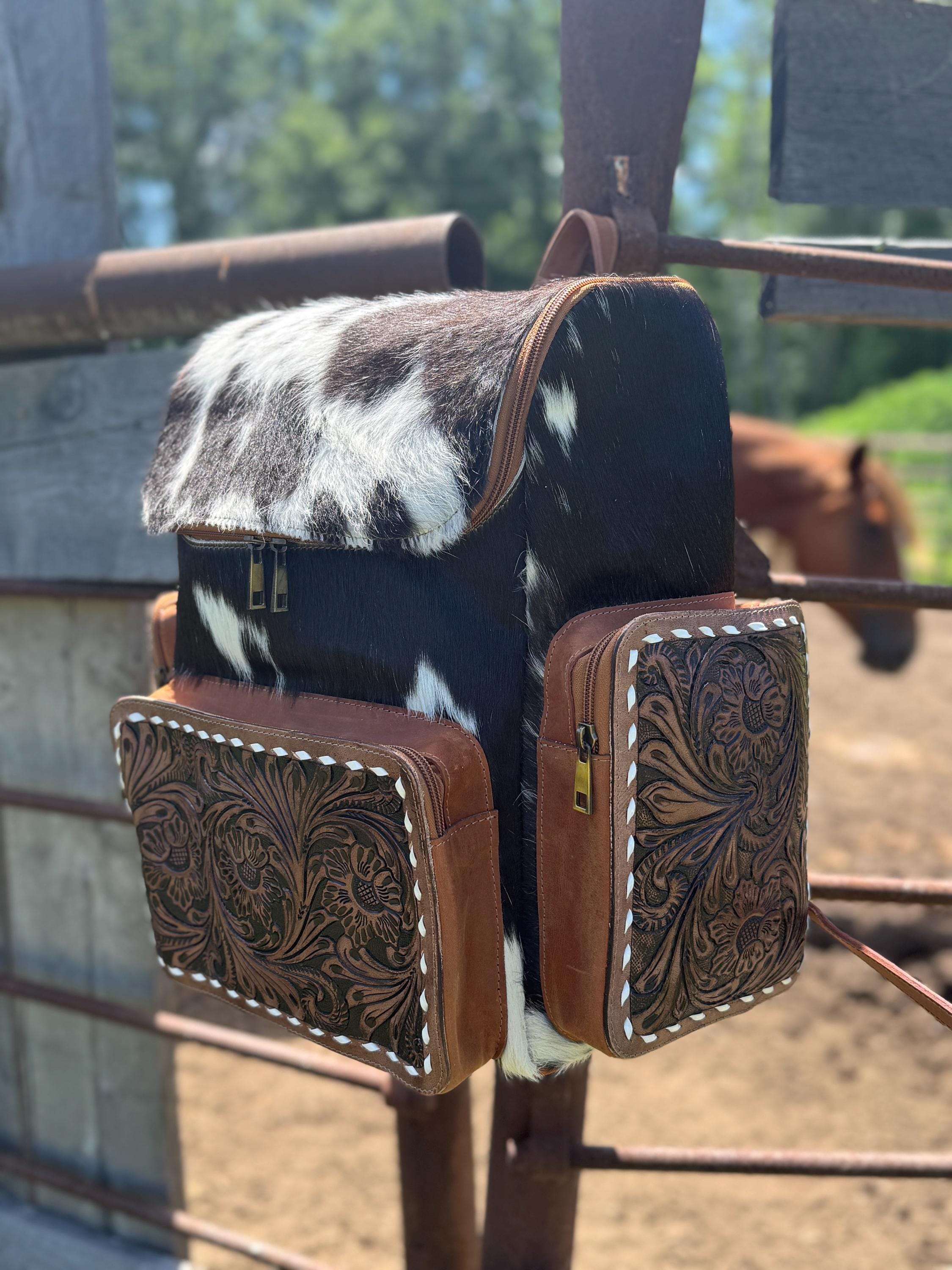 Genuine Western Cowhide Leather Backpack Diaper Bag Personal Item carry-on luggage by Double B Wild Rags