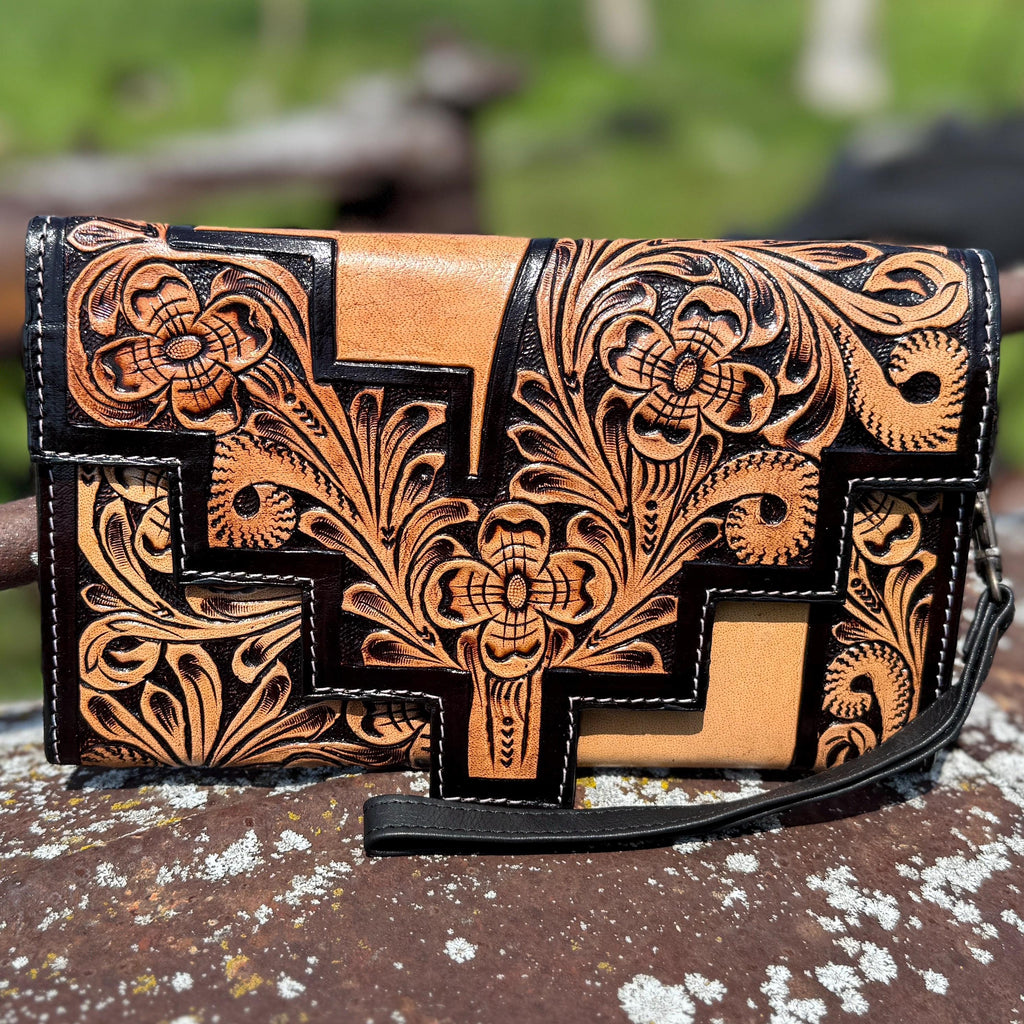 Genuine Western Cowhide Leather Purse or Clutch with smooth and tooled details a Double B Wild Rags Exclusive