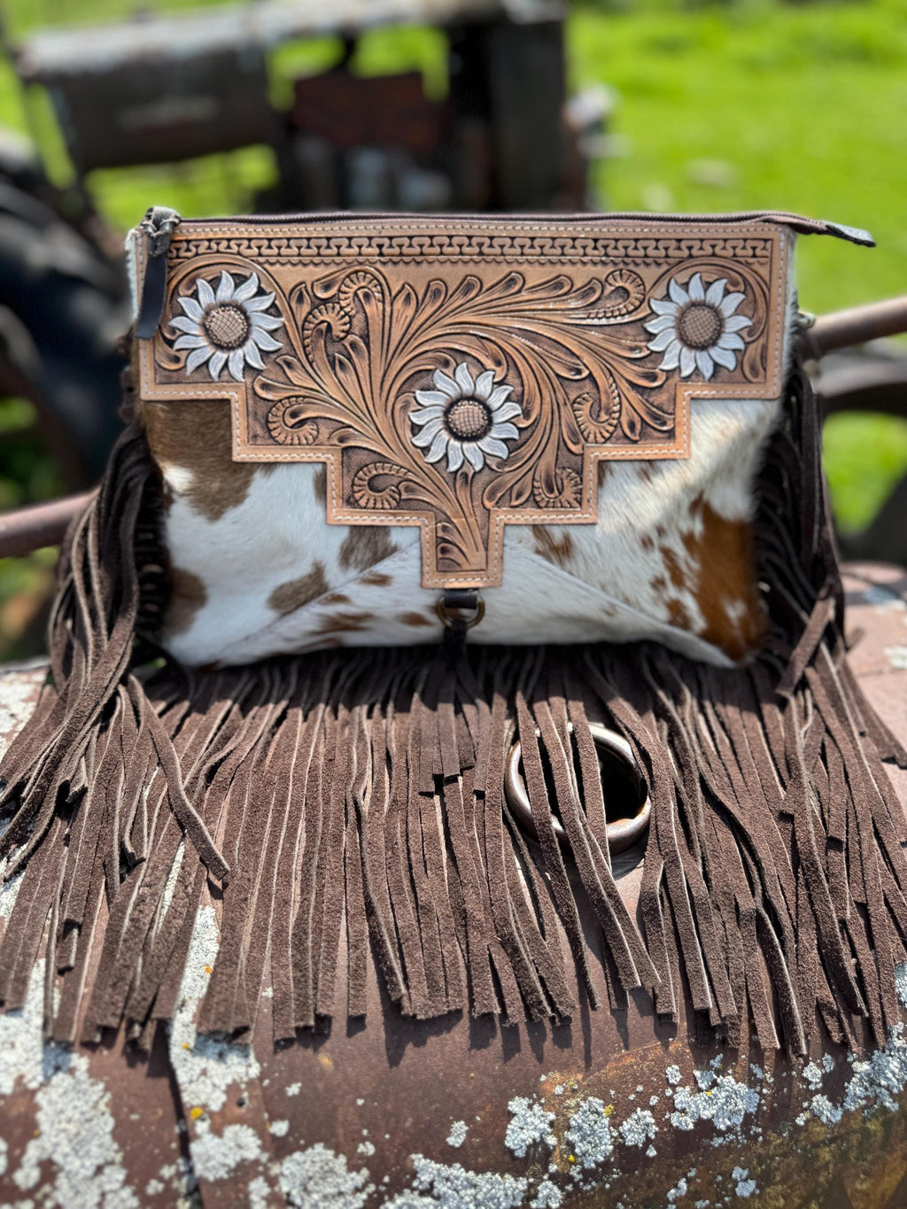 Genuine Western Cowhide Leather Purse or Clutch with white daisy floral painted details a Double B Wild Rags Exclusive