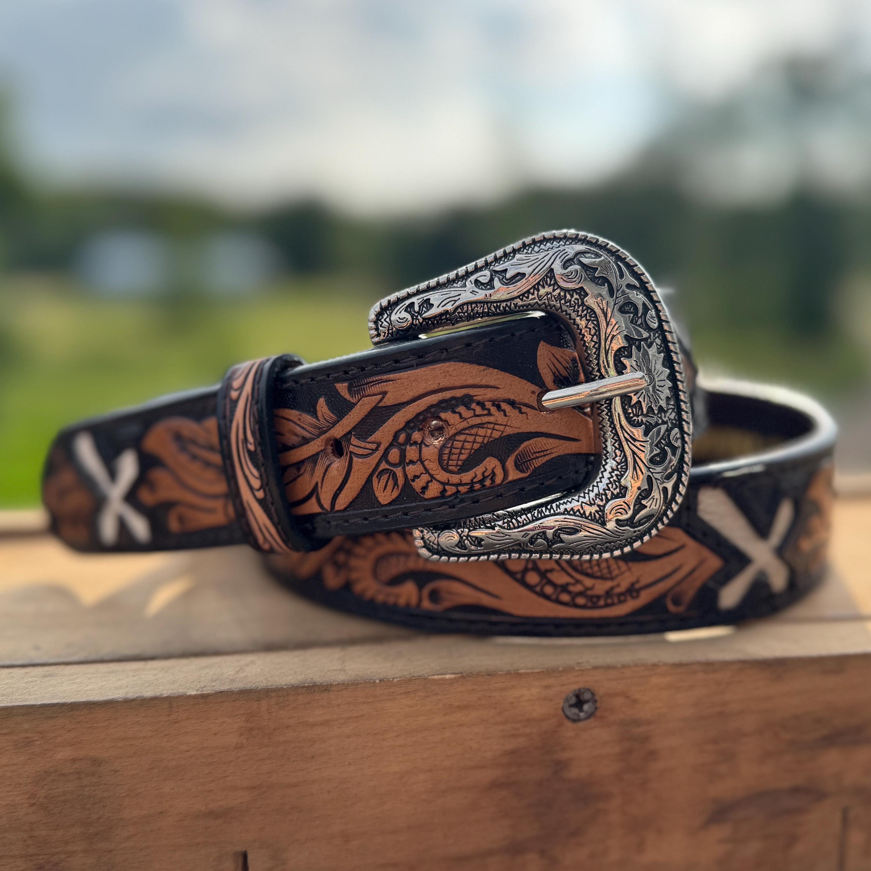 Genuine Leather Western Belt with tooled feathers and Cross cut outs by Double B Wild Rags