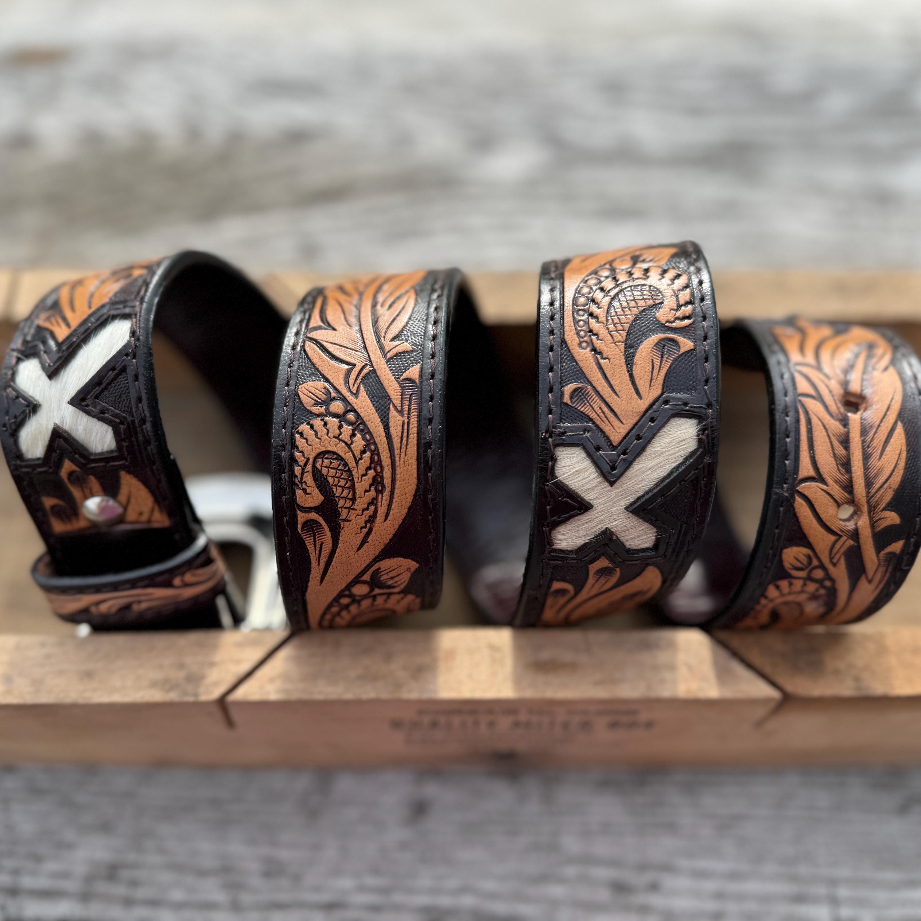 Genuine Leather Western Belt with tooled feathers and Cross cut outs by Double B Wild Rags