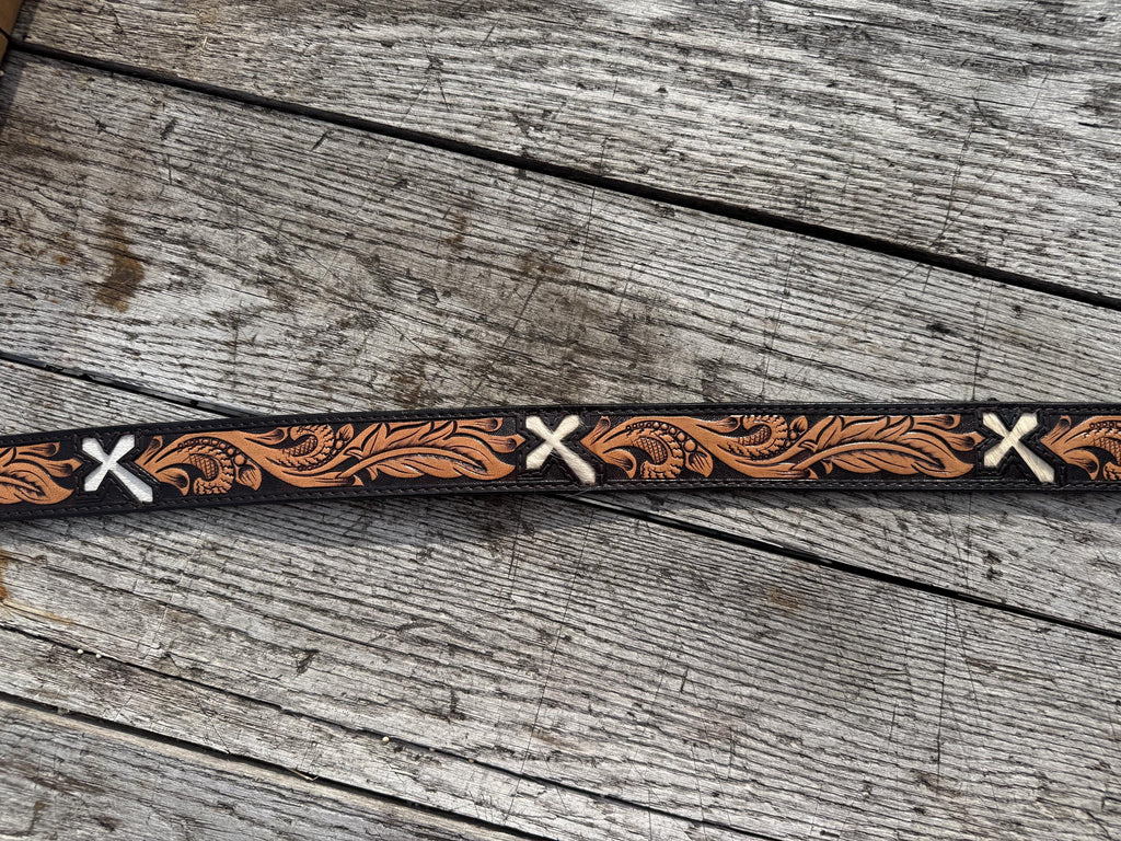 Genuine Leather Western Belt with tooled feathers and Cross cut outs by Double B Wild Rags