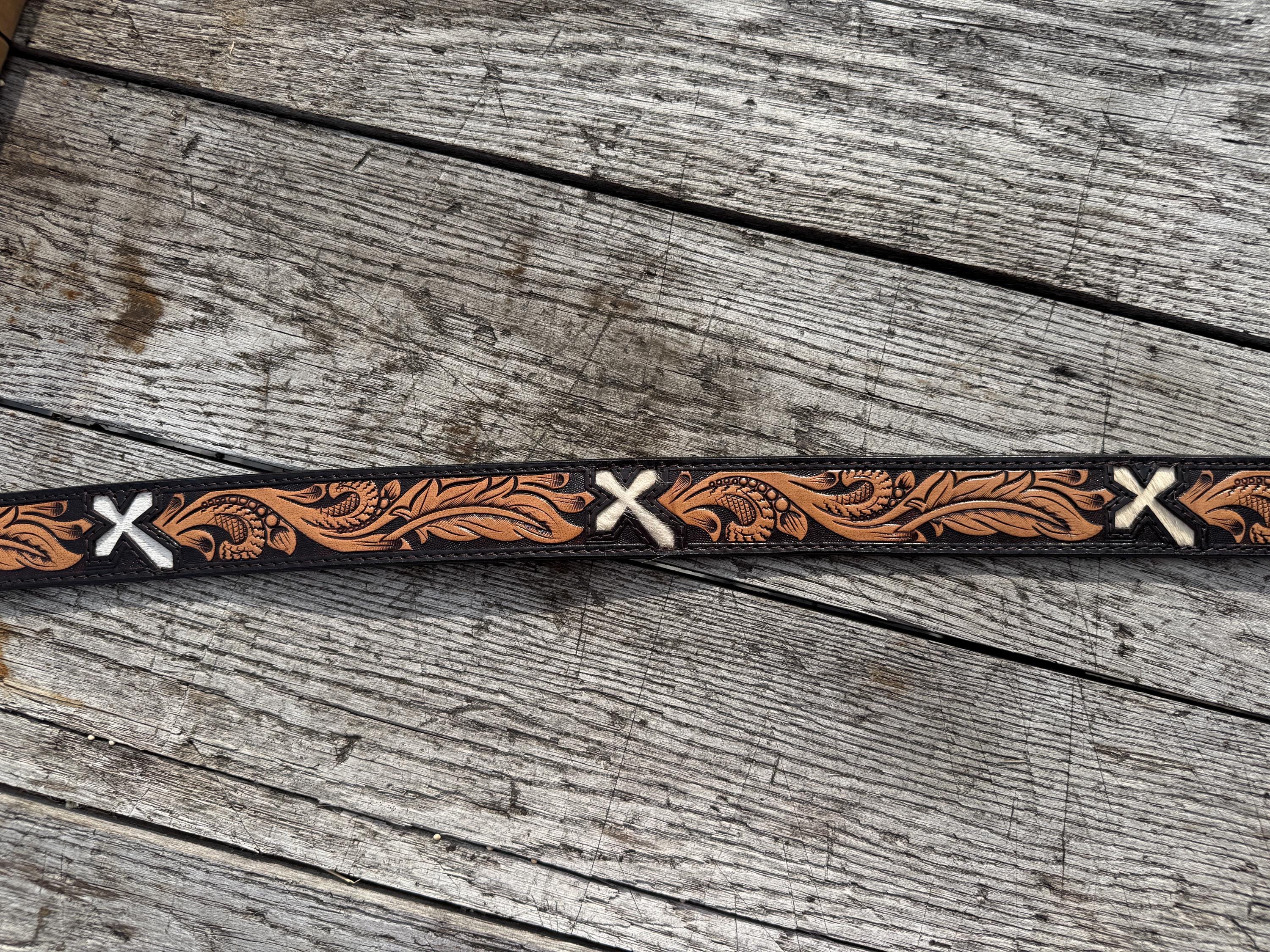 Genuine Leather Western Belt with tooled feathers and Cross cut outs by Double B Wild Rags