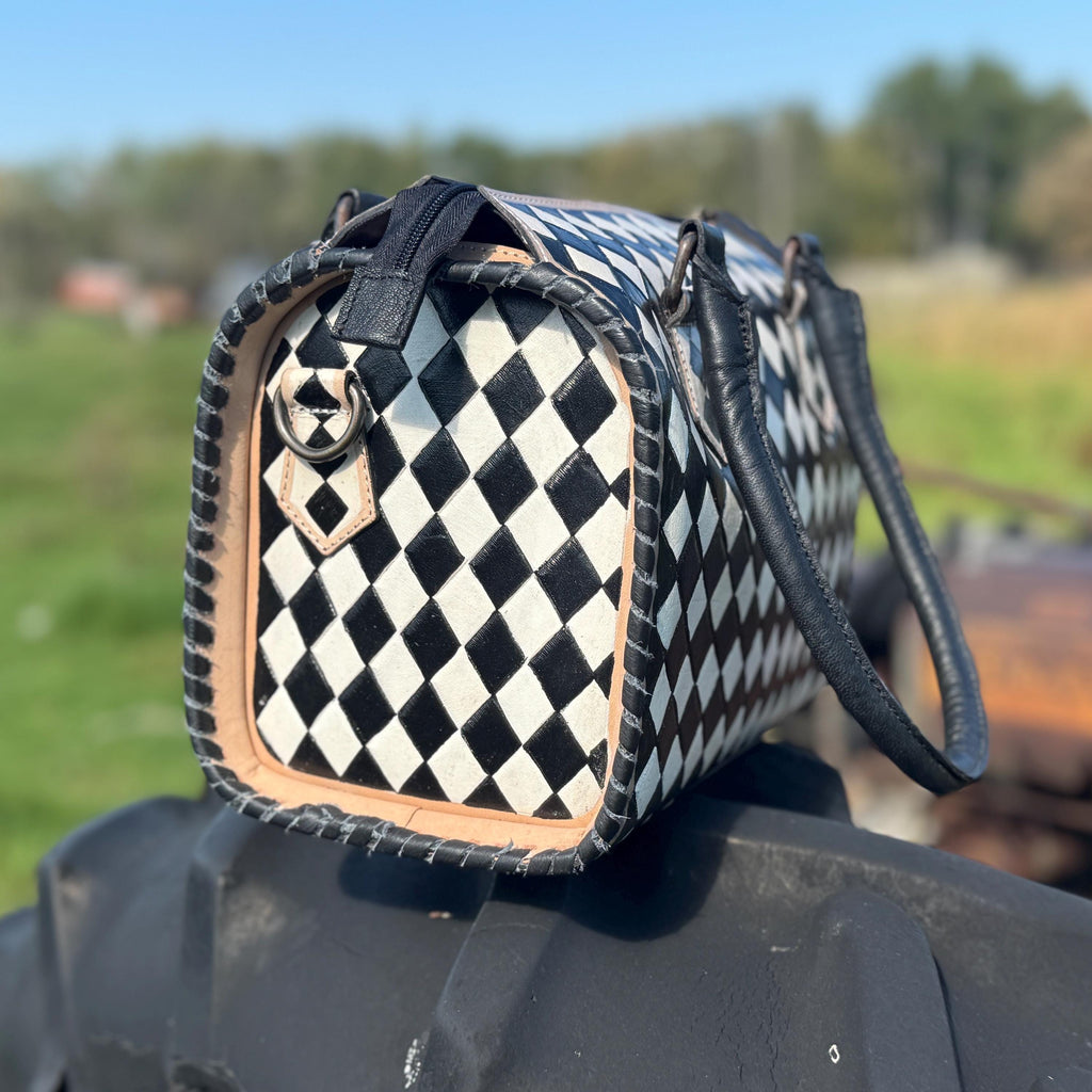 Black and White Speedy Checkered Genuine Western Cowhide Leather Purse