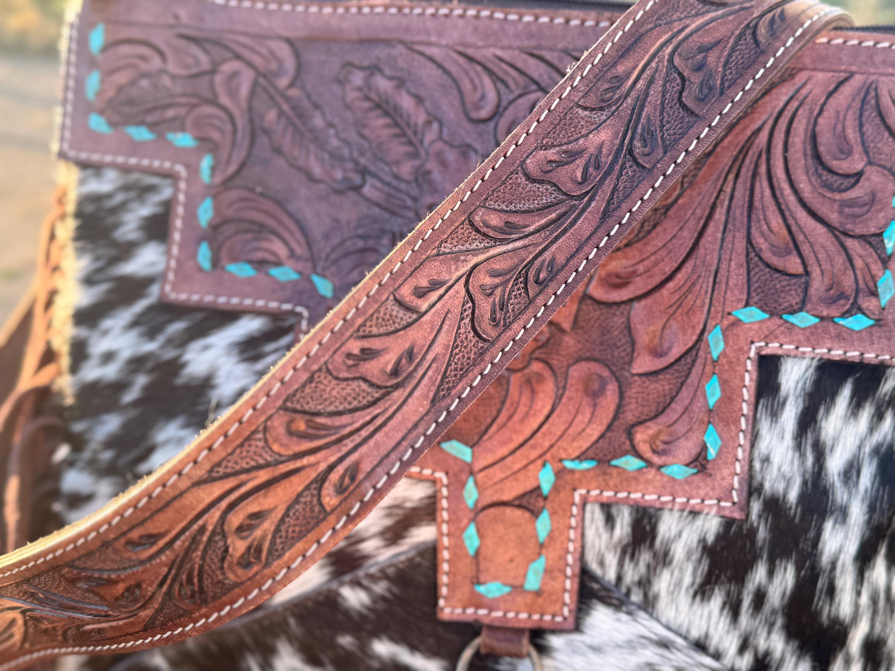 Western Leather Purse of Brown Spotted Cowhide with tooling and fringe