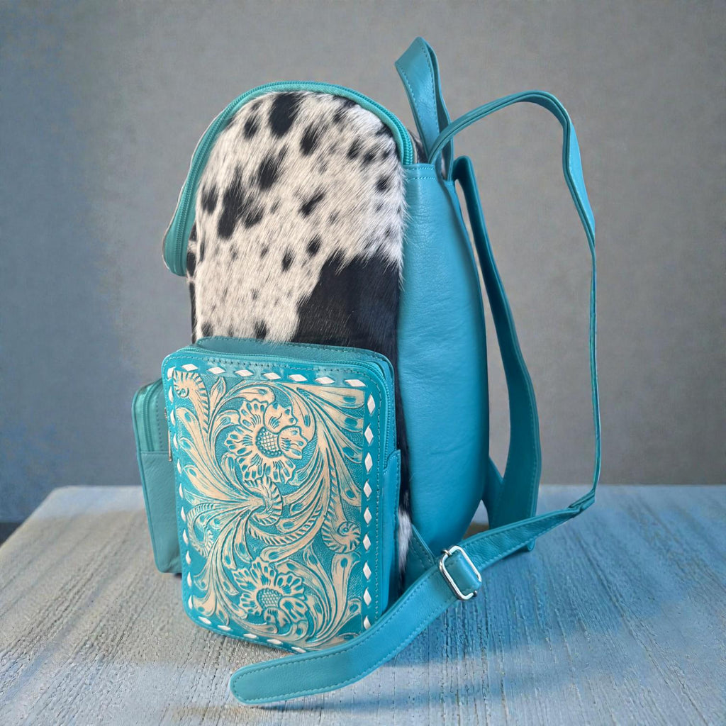 Turquoise Genuine Western Cowhide Leather Backpack Diaper Bag Personal Item carry-on luggage by Double B Wild Rags