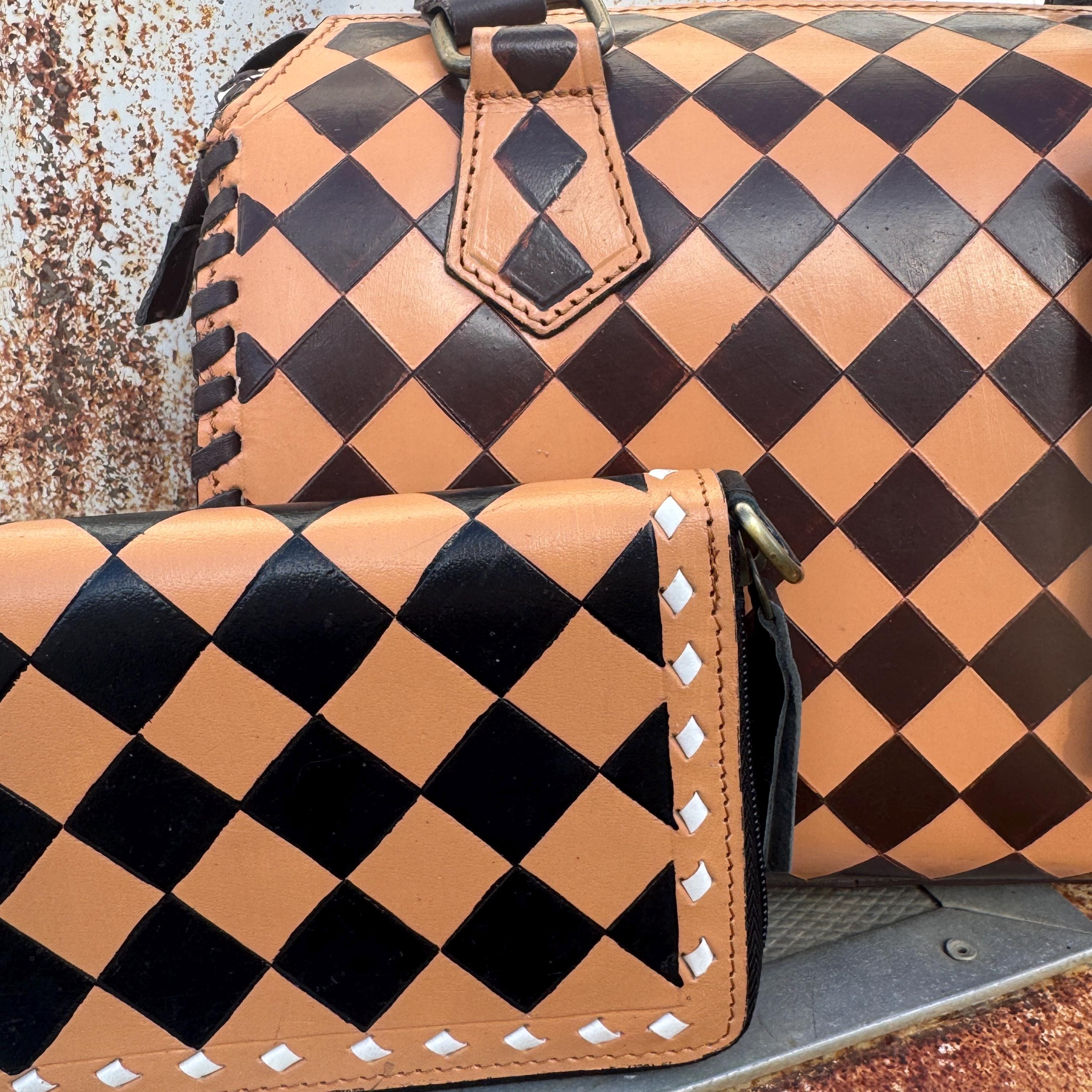 Caramel Espresso Checkered Speedy Western Genuine Leather Purse with optional wallet