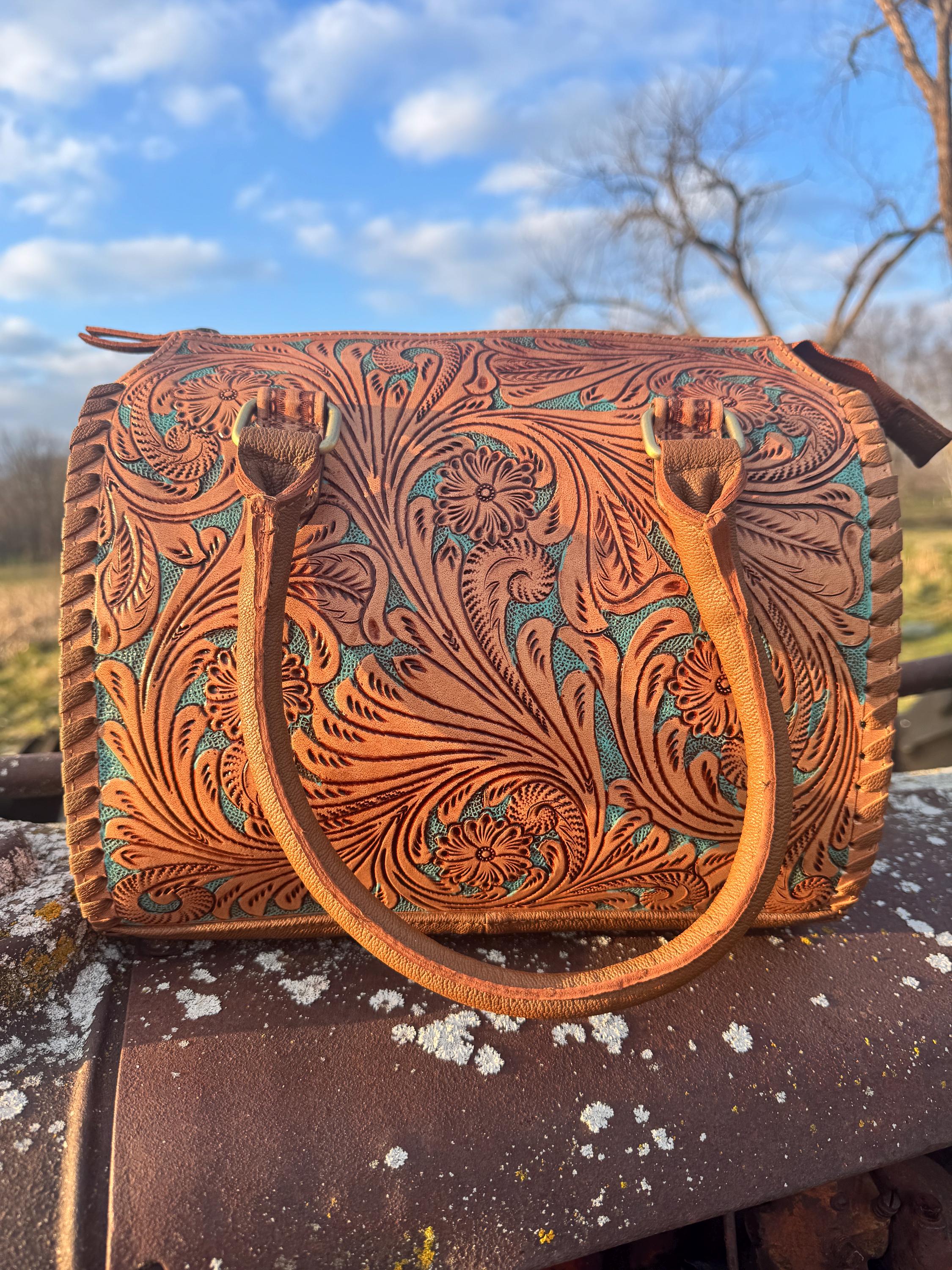 Turquoise and Tan Speedy Western Genuine Leather Barrel Bag Purse by Double B
