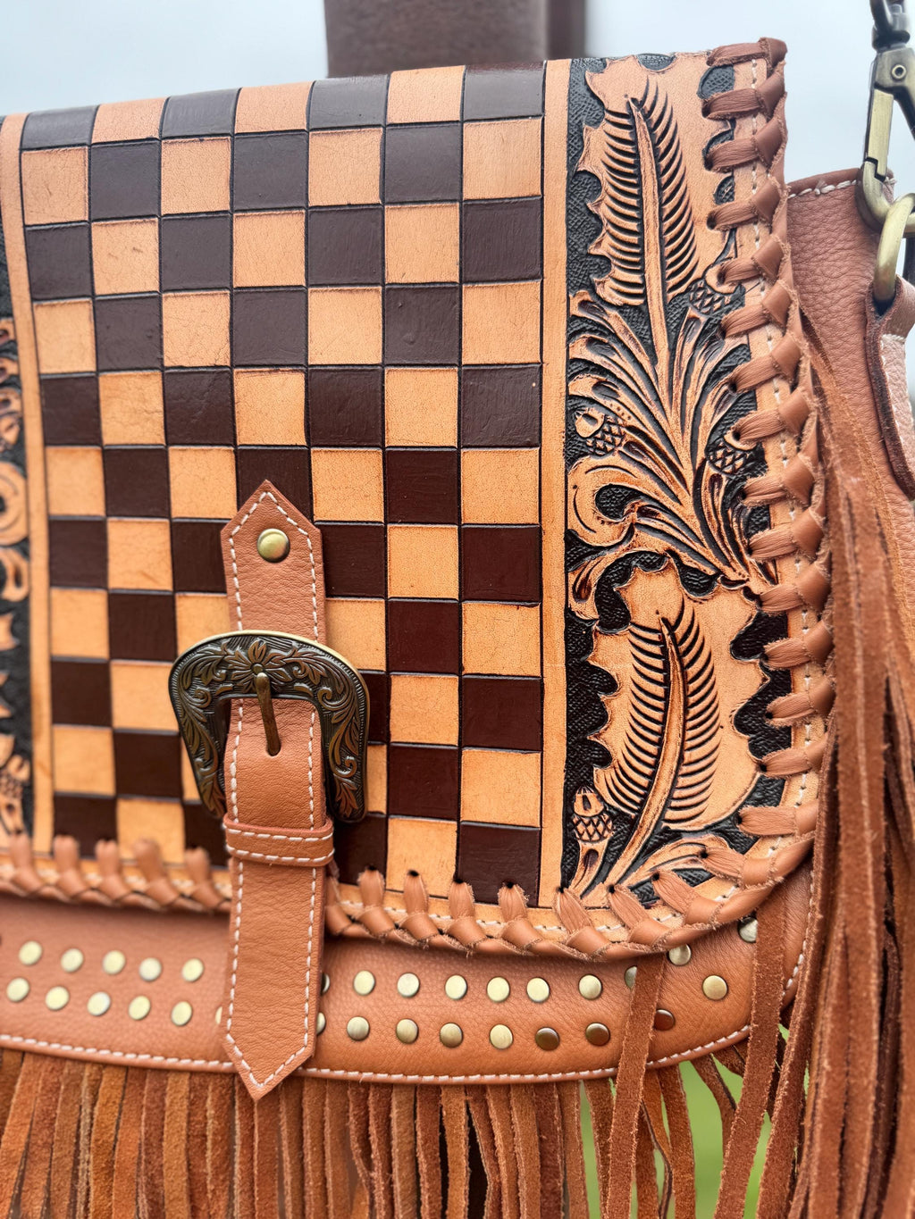 Boho Fringe Checkered Leather Western Purse by Double B