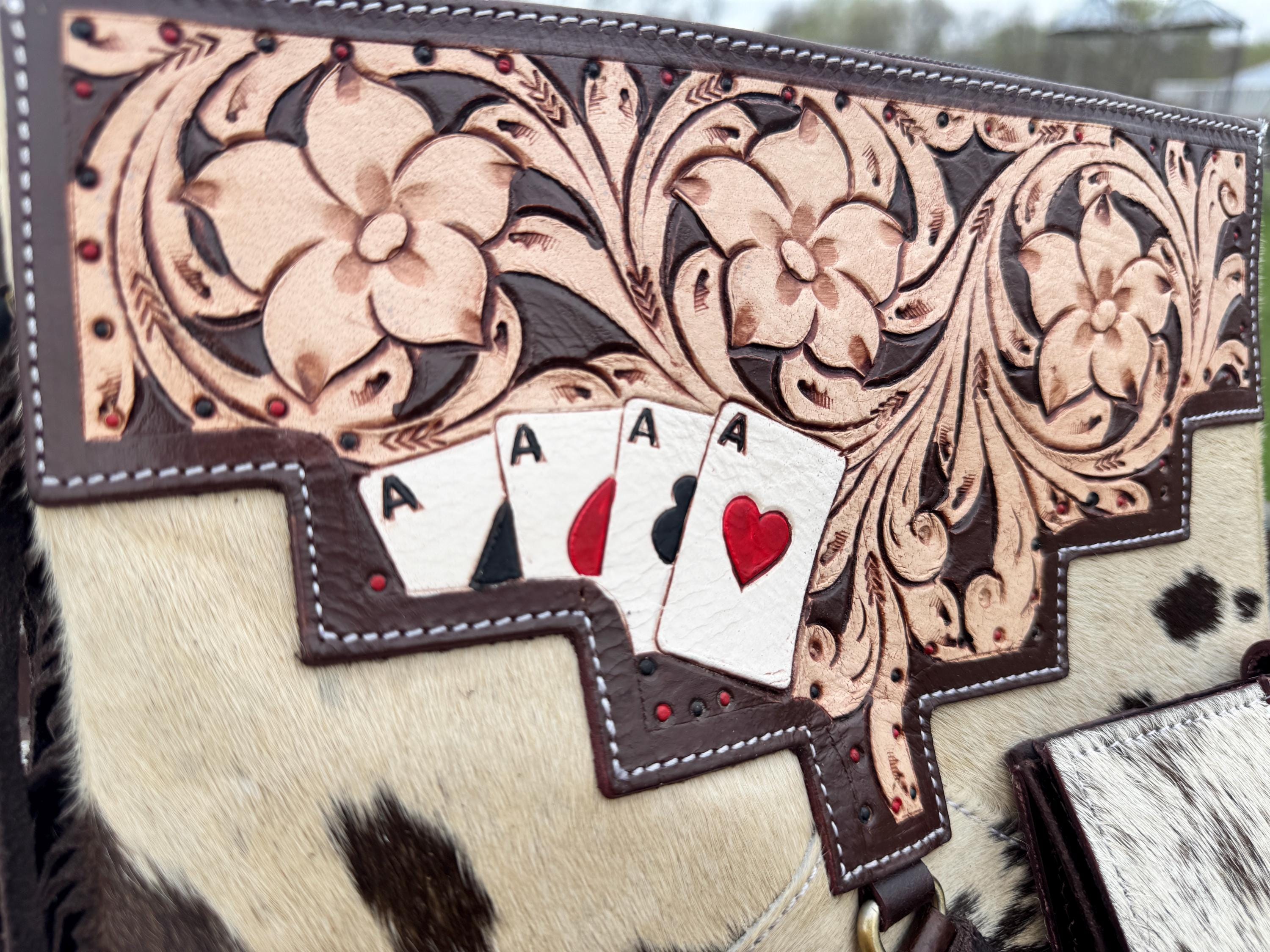 Genuine Western Spotted Cowhide Leather Purse and Wallet with Ace Cards painted details and brown fringe