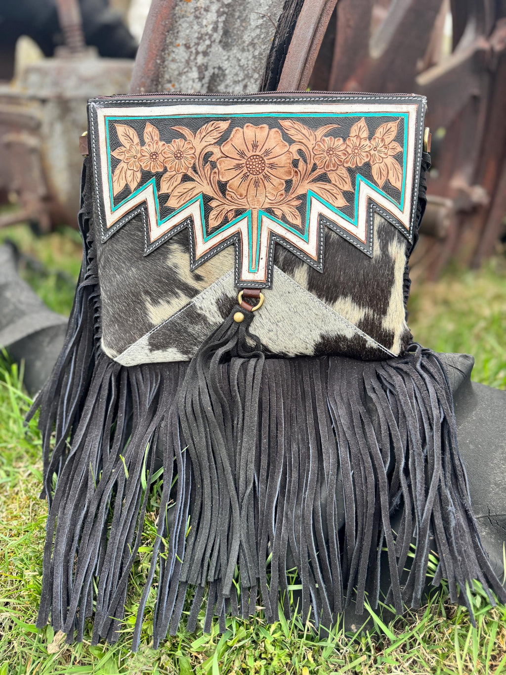 Genuine Western Black Cowhide Leather Fringe Purse and Wallet Set