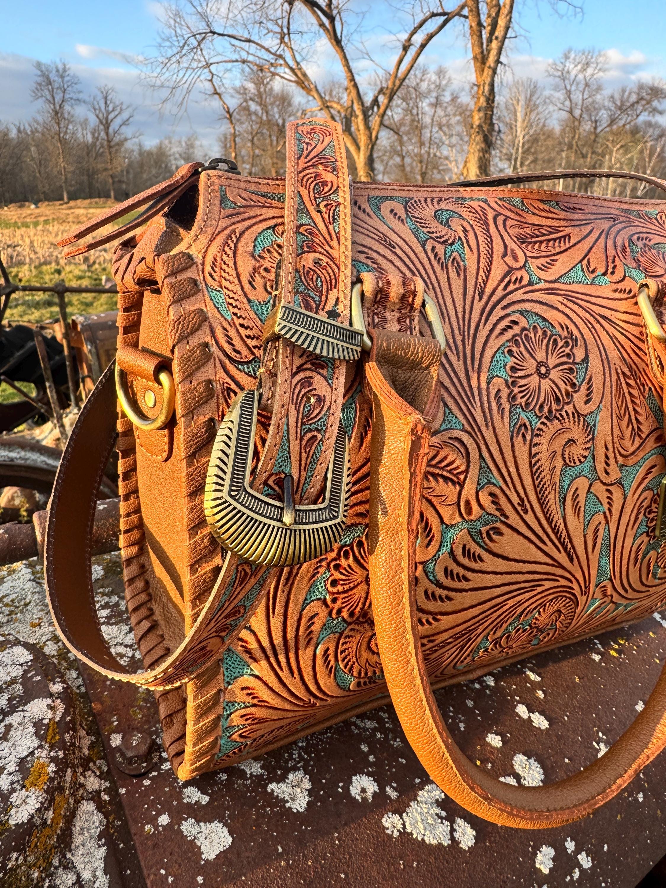 Turquoise and Tan Speedy Western Genuine Leather Barrel Bag Purse by Double B