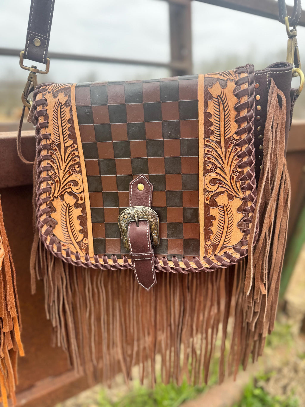 Boho Fringe Checkered Leather Western Purse by Double B
