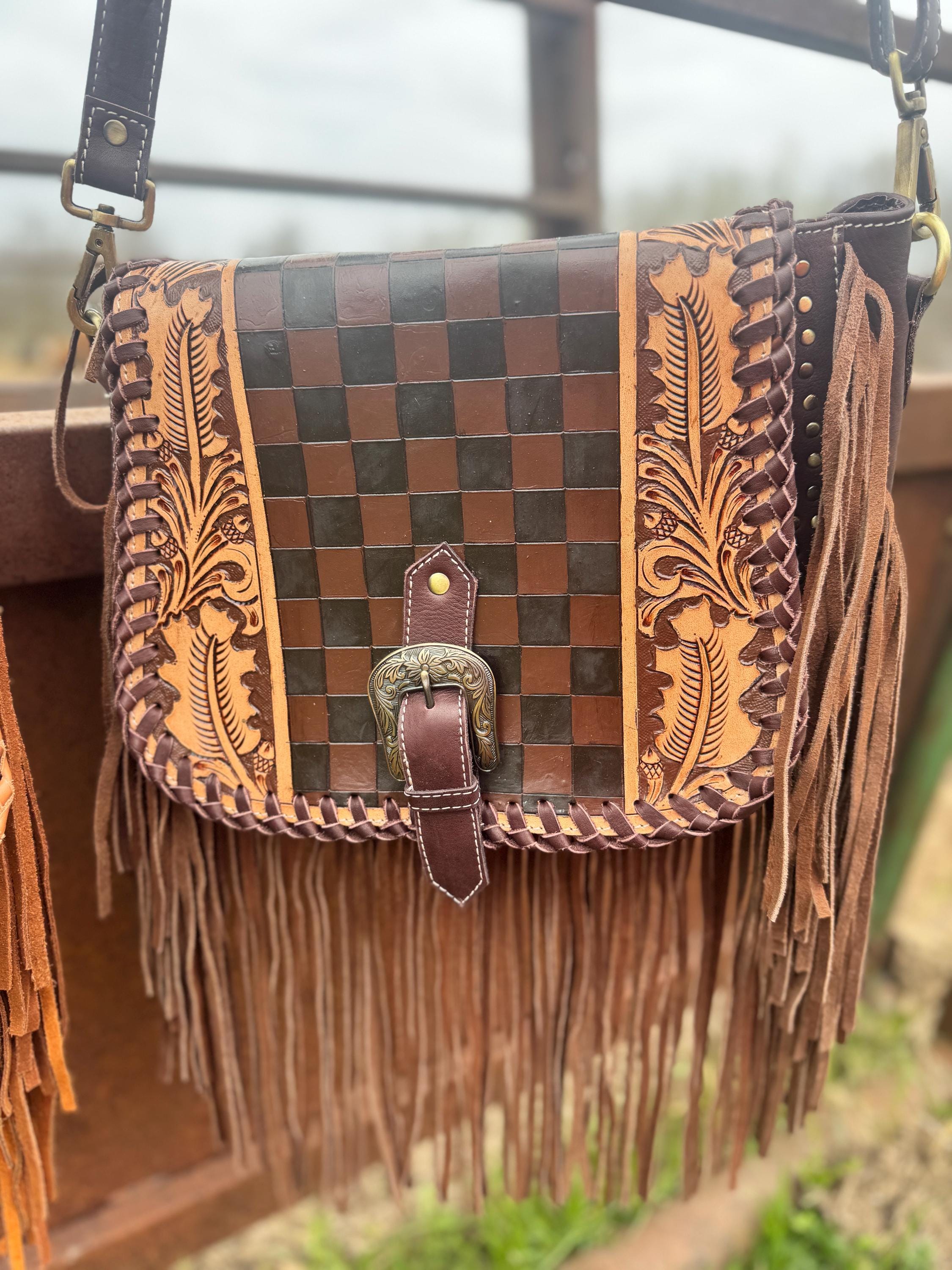 Boho Fringe Checkered Leather Western Purse by Double B