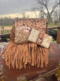 Genuine Western Spotted Cowhide Leather Purse and Wallet with Ace Cards painted details and tan fringe
