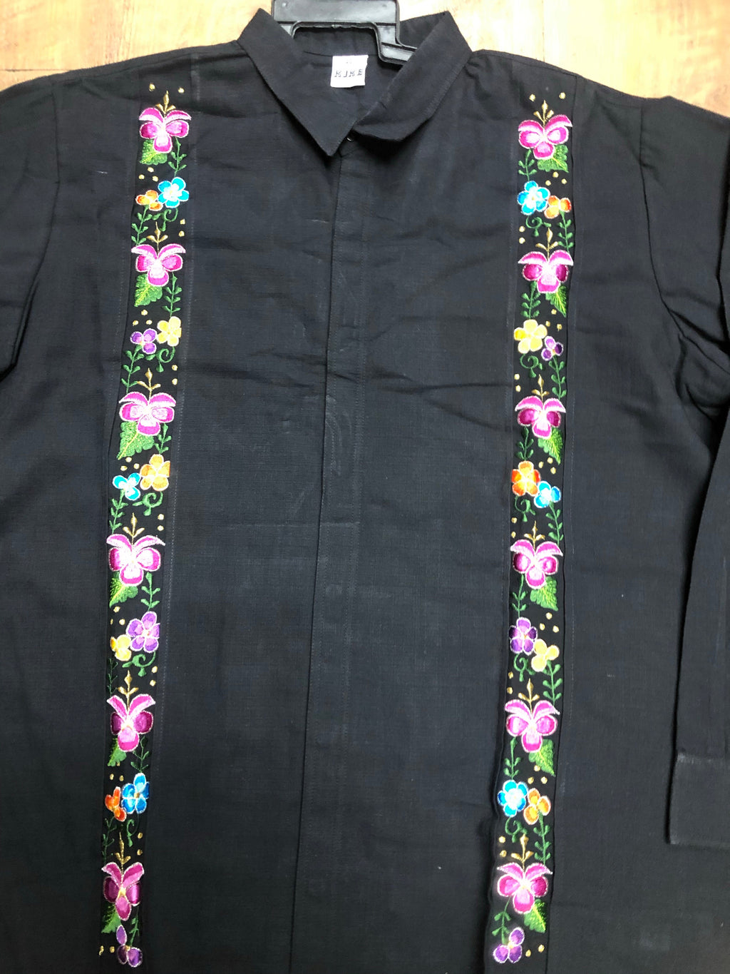 Men's Guayabera Floral Black Long Sleeve