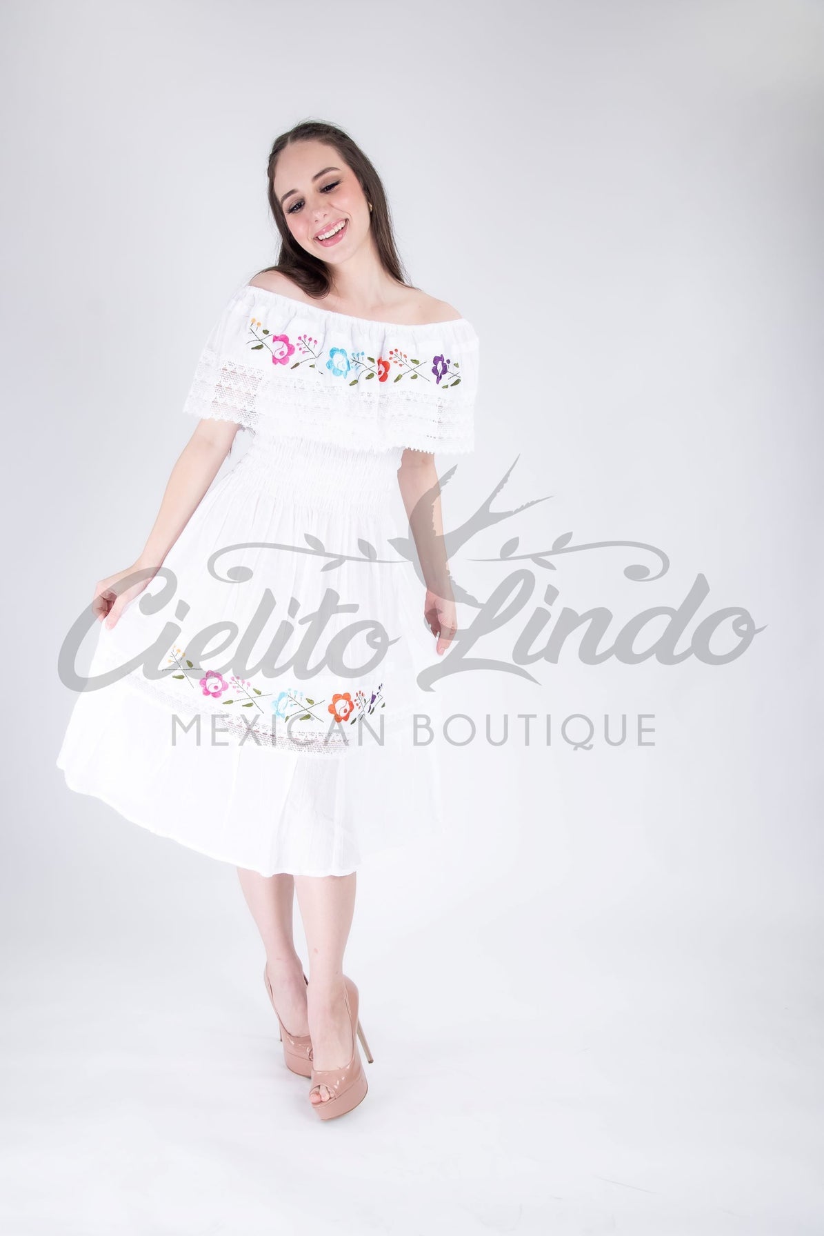 Mexican Campesina Rayon Midi Dress White
