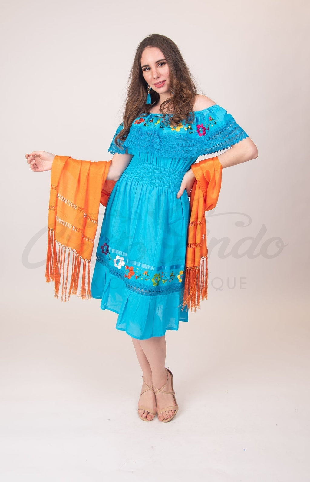 Mexican Campesina Rayon Midi Dress Mint