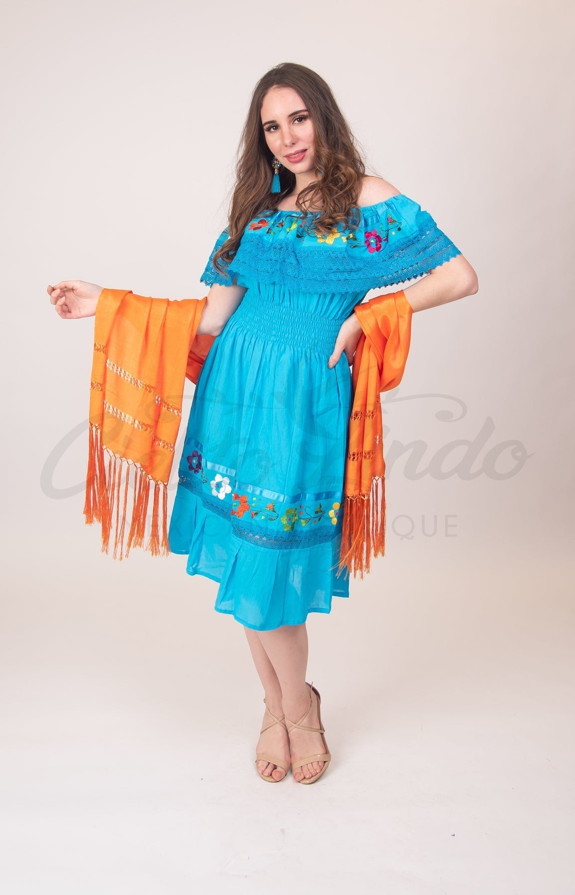 Mexican Campesina Rayon Midi Dress Mint