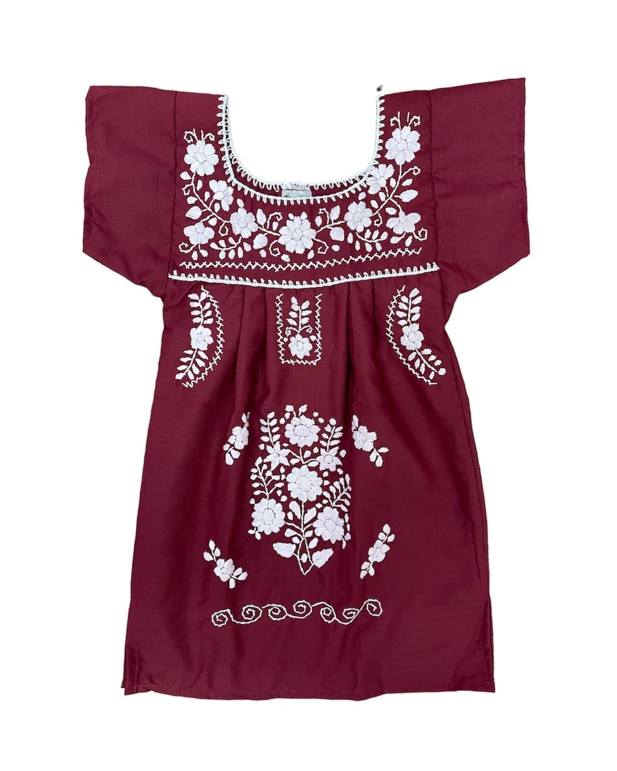 Maroon White Mexican Puebla Dress for Girls