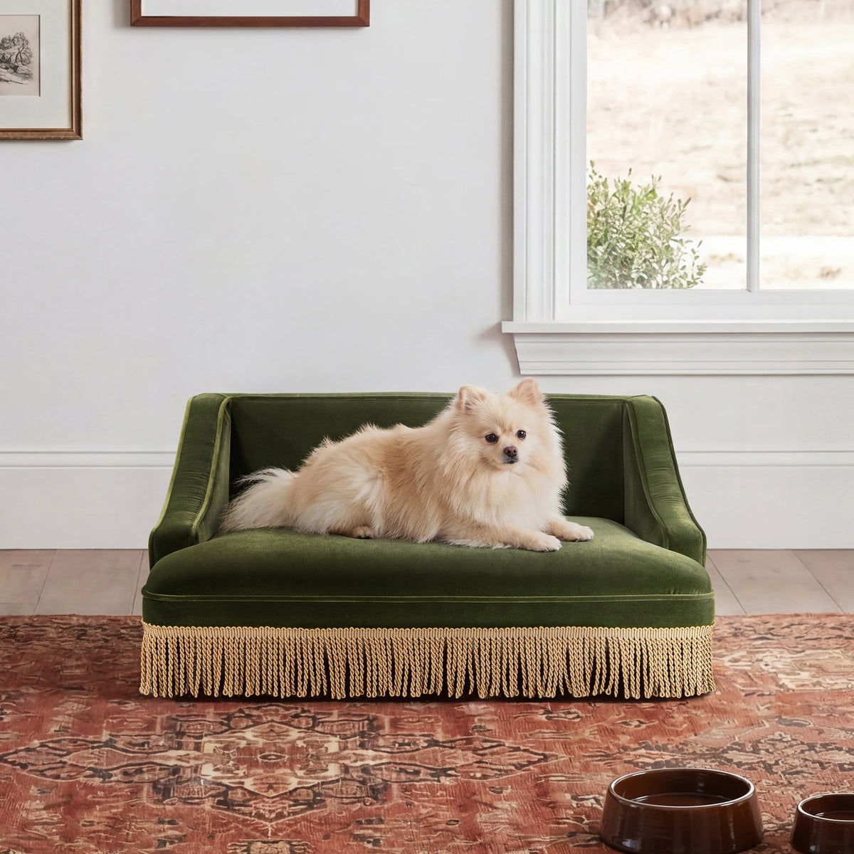 Olive Green Velvet Princess Pet Bed Sofa with Fringe Skirt - Medium