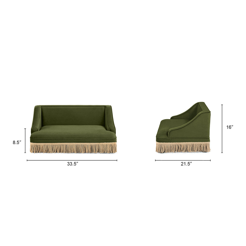 Olive Green Velvet Princess Pet Bed Sofa with Fringe Skirt - Medium