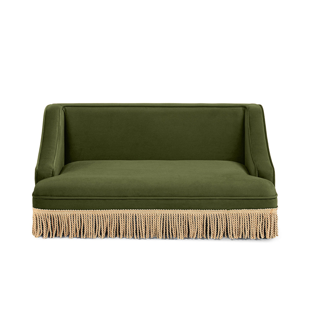 Olive Green Velvet Princess Pet Bed Sofa with Fringe Skirt - Medium