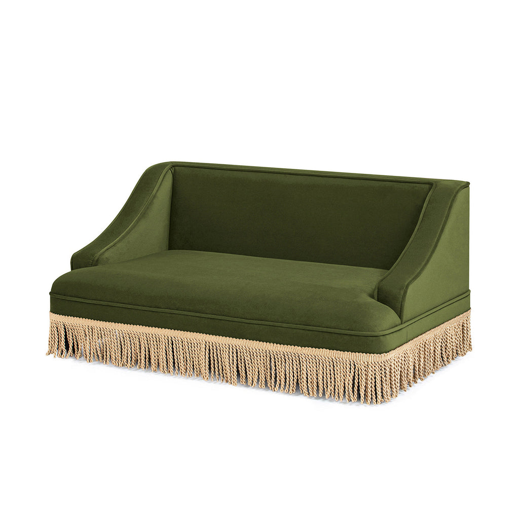 Olive Green Velvet Princess Pet Bed Sofa with Fringe Skirt - Medium