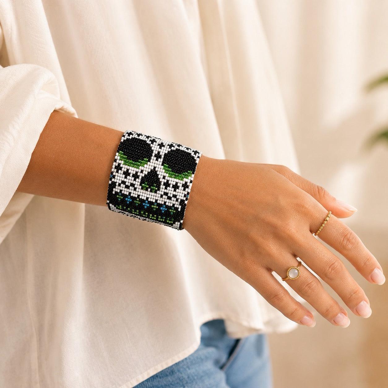 Sugar Skull Catrina Wide Seed Bead Bracelet - Guatemala