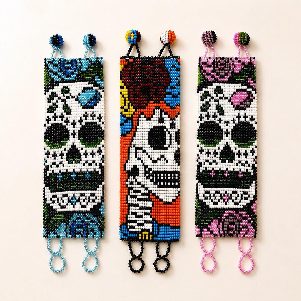 Sugar Skull Catrina Wide Seed Bead Bracelet - Guatemala